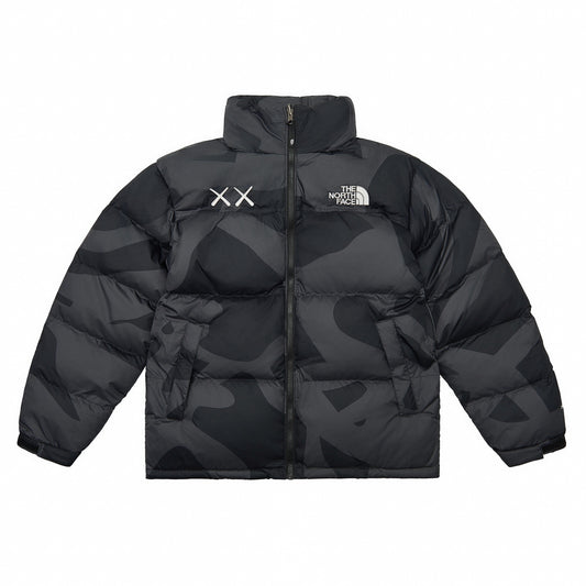 The North Face KAWS Collab Stand Collar Camo Print Puffer Down Jacket Unisex Black Camo Print
